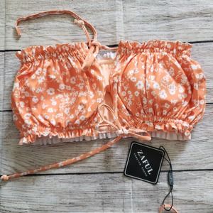 ✔️ZAFUL Orange White Floral Lettuce Trim Bikini Top